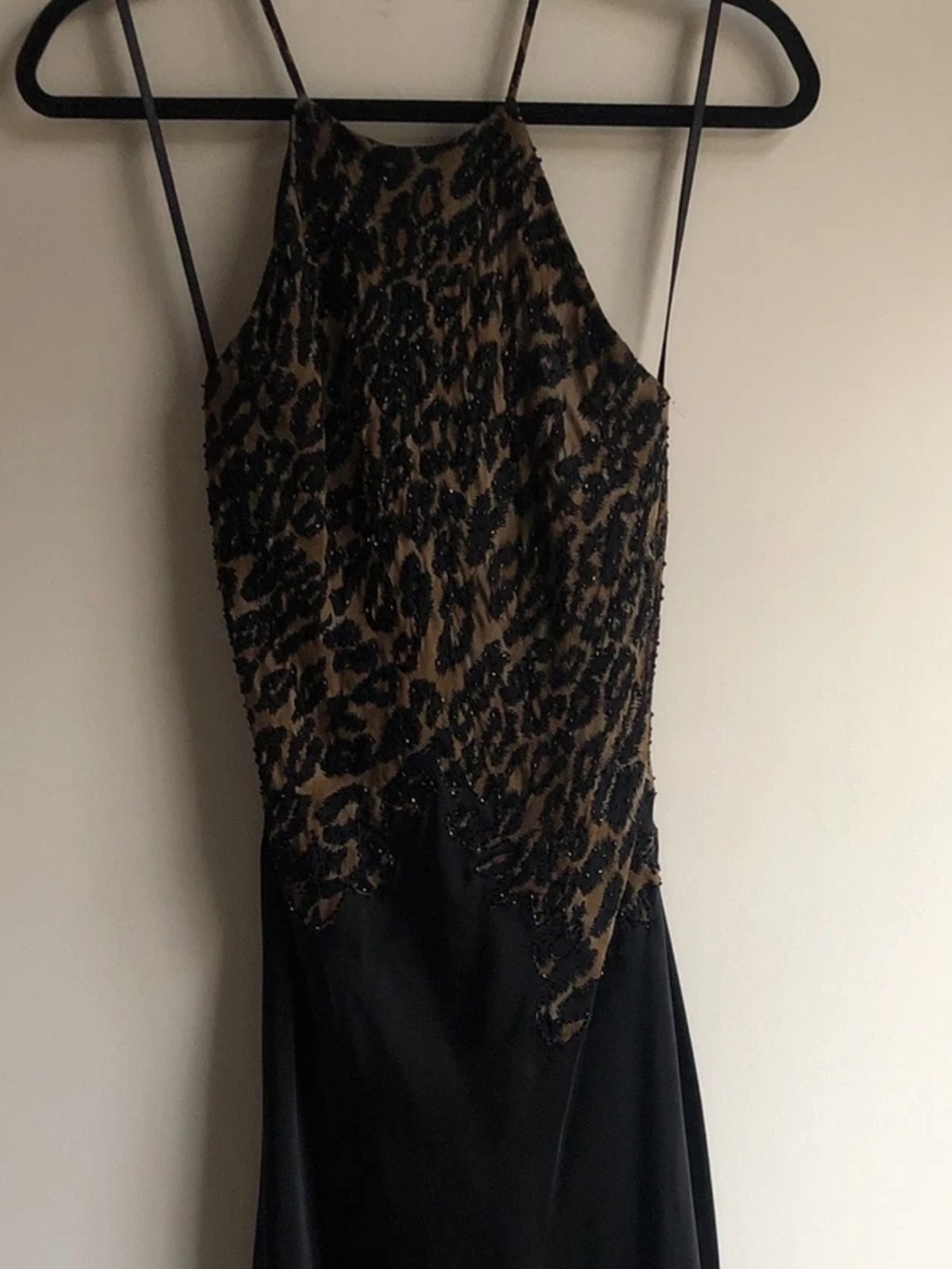 Vintage Cache 100% Silk Black Cheetah High Low Maxi Lined Halter Dress Gown Bead